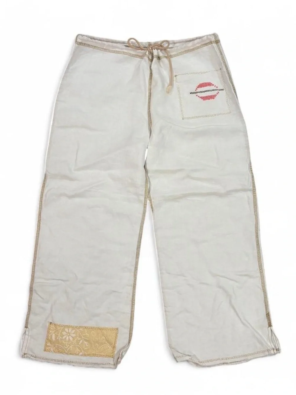 Y2K vintage kids Riley white needlepoint embroidered crop pants